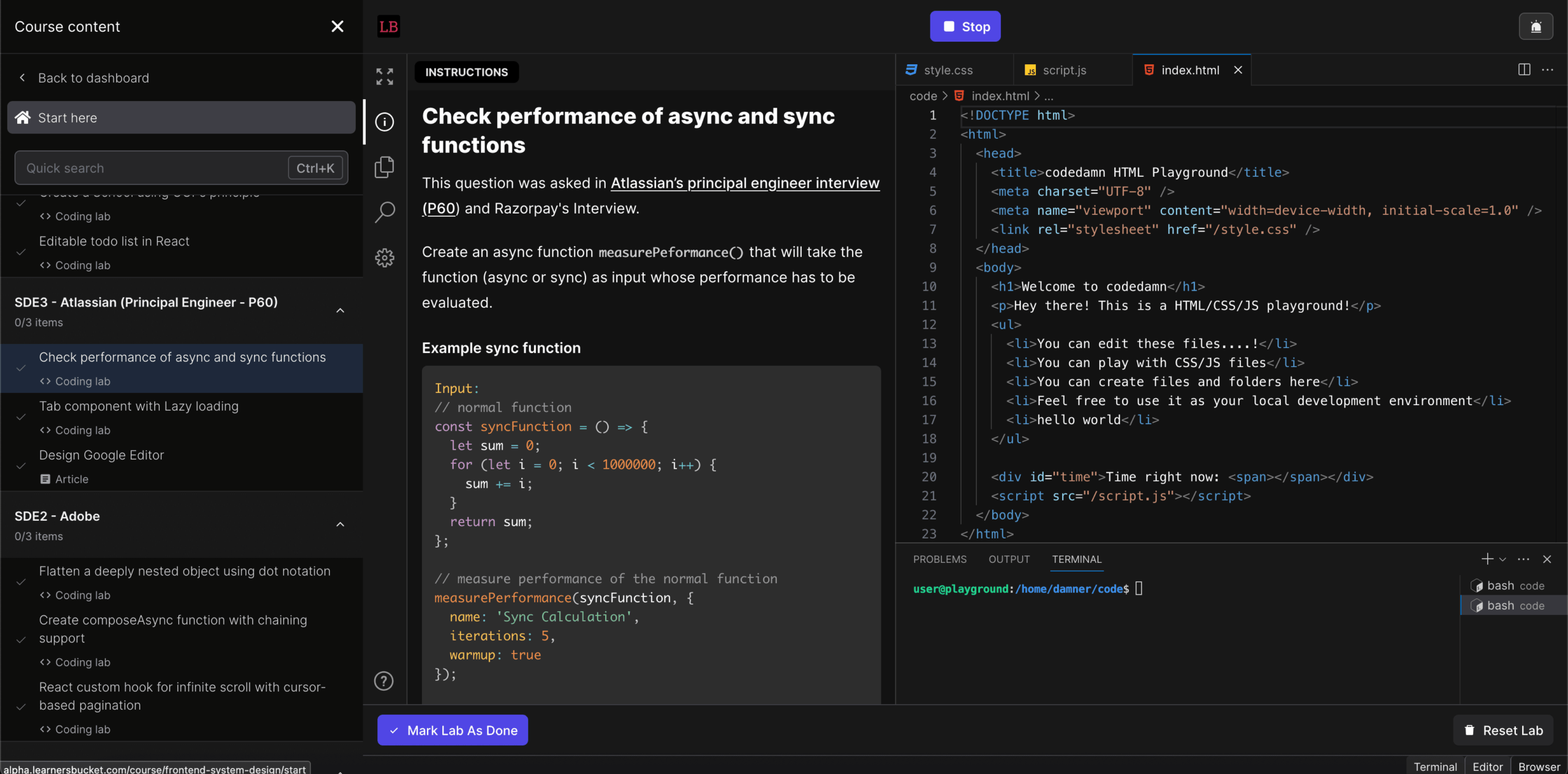 Integrated coding environment to practice interview questions