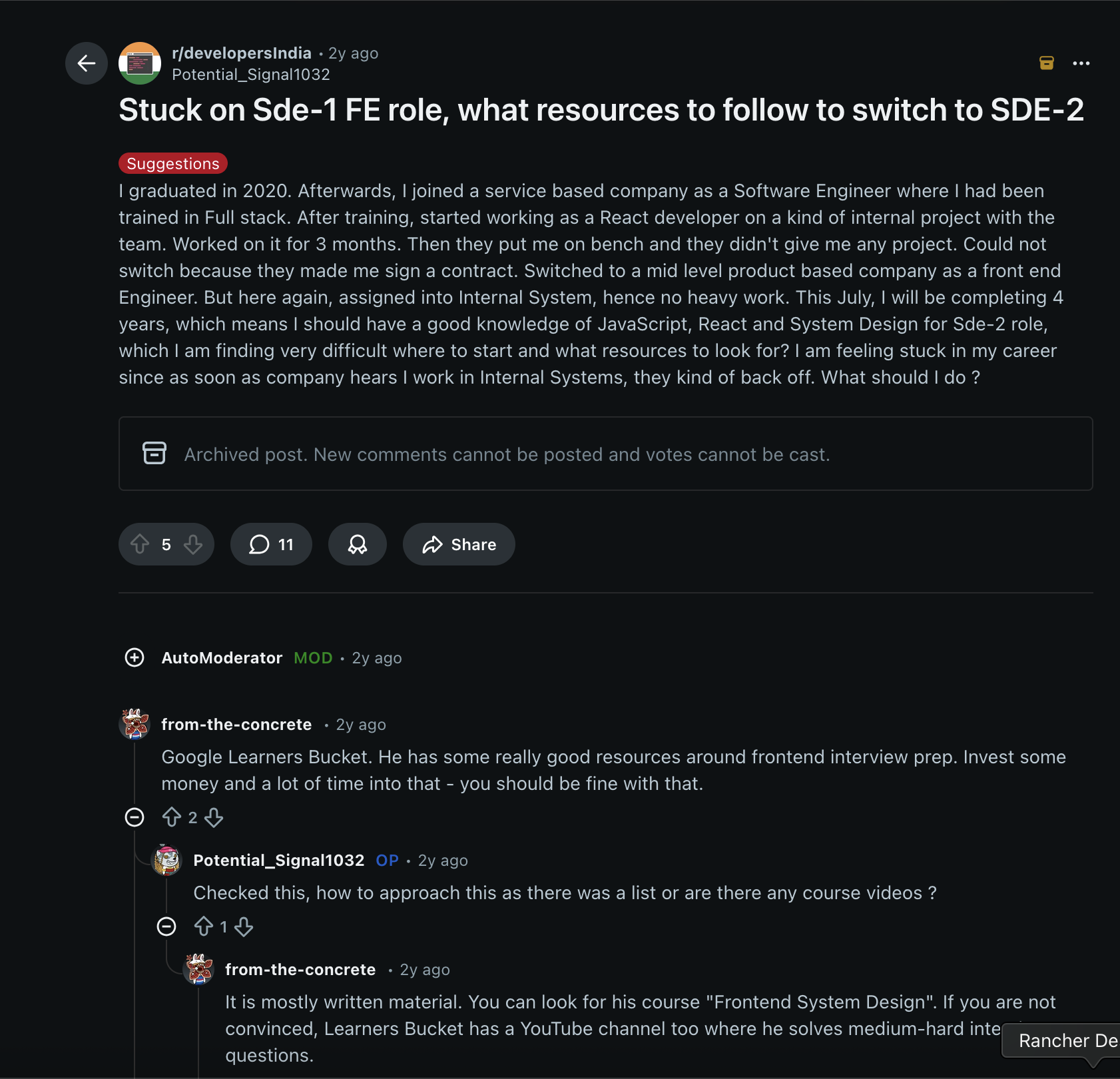 alpha.learnersbucket.com is being recommended as one stop solution to level up from SDE-1 frontend role on Reddit